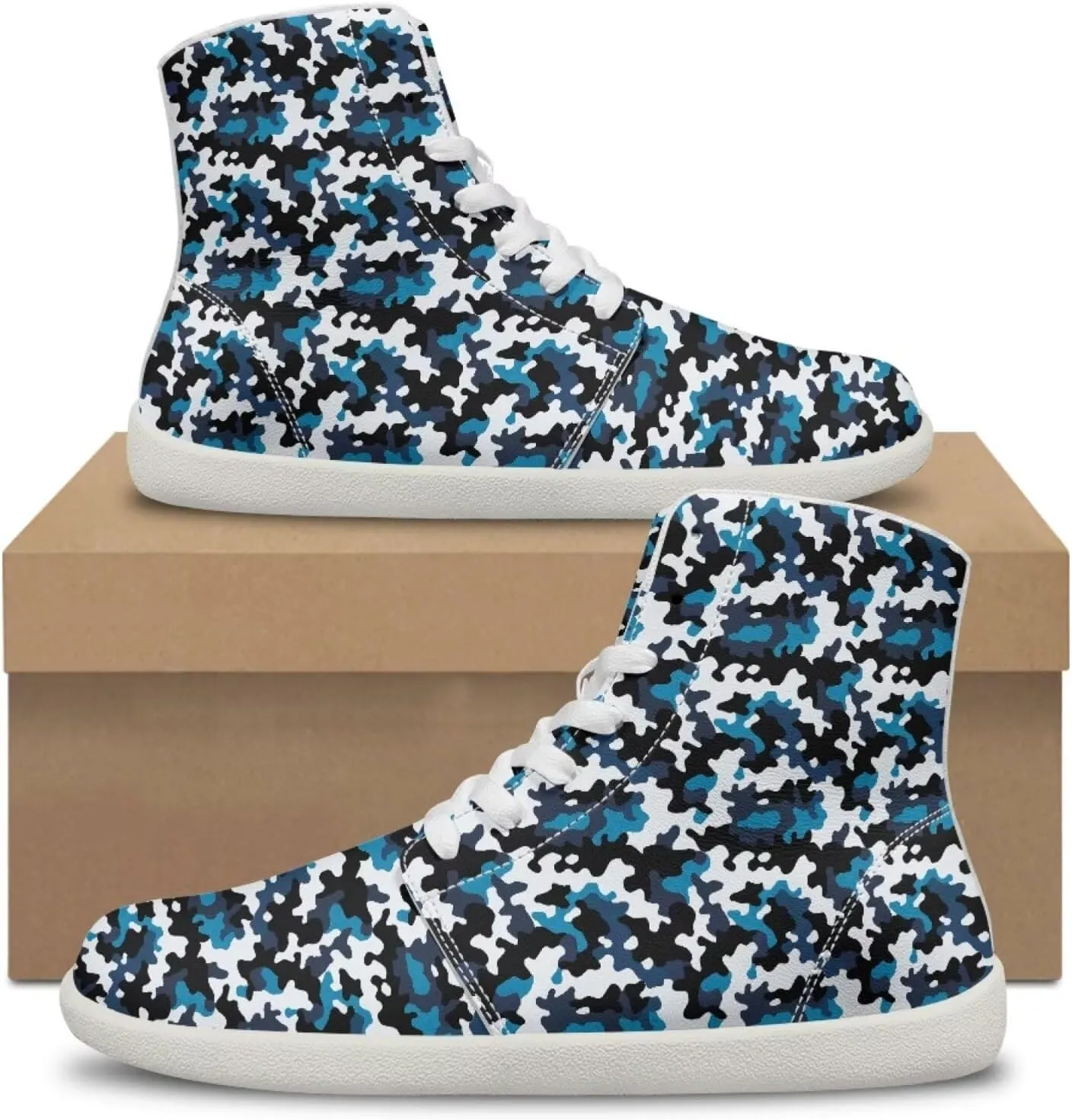 Camouflage Print High Top Barefoot Shoes for Men Comfy Flats PU Leather Walking Shoes Lightweight Non Slip Casual Lace Up Sneakers