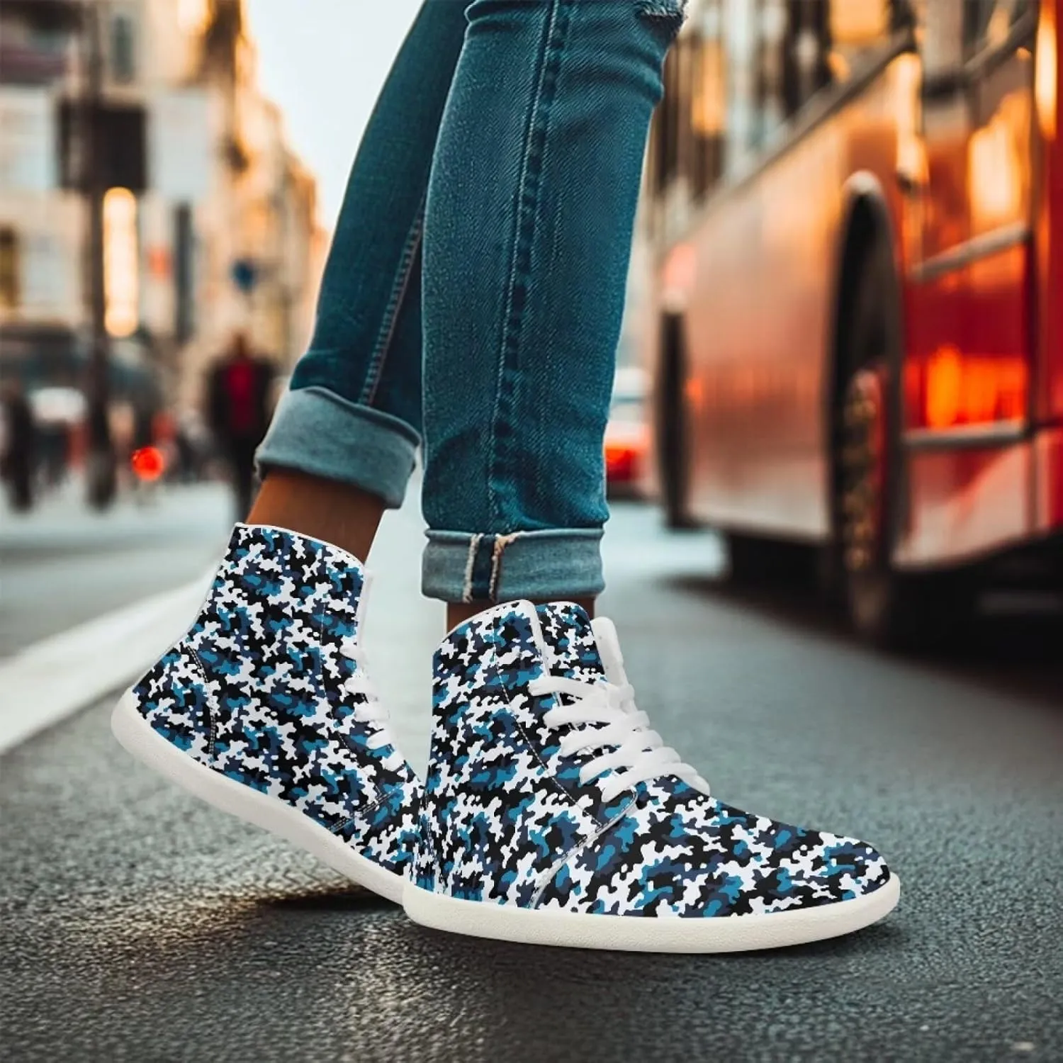 Camouflage Print High Top Barefoot Shoes for Men Comfy Flats PU Leather Walking Shoes Lightweight Non Slip Casual Lace Up Sneakers