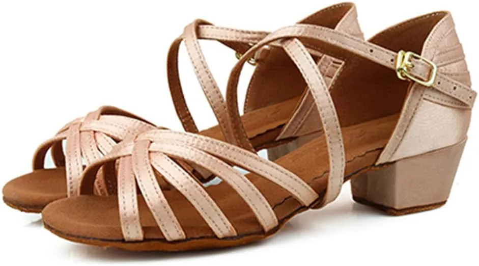 DKZSYIM Girls&Women's Satin Latin Dance Shoes Ballroom Performance Shoes,Model WZJTL