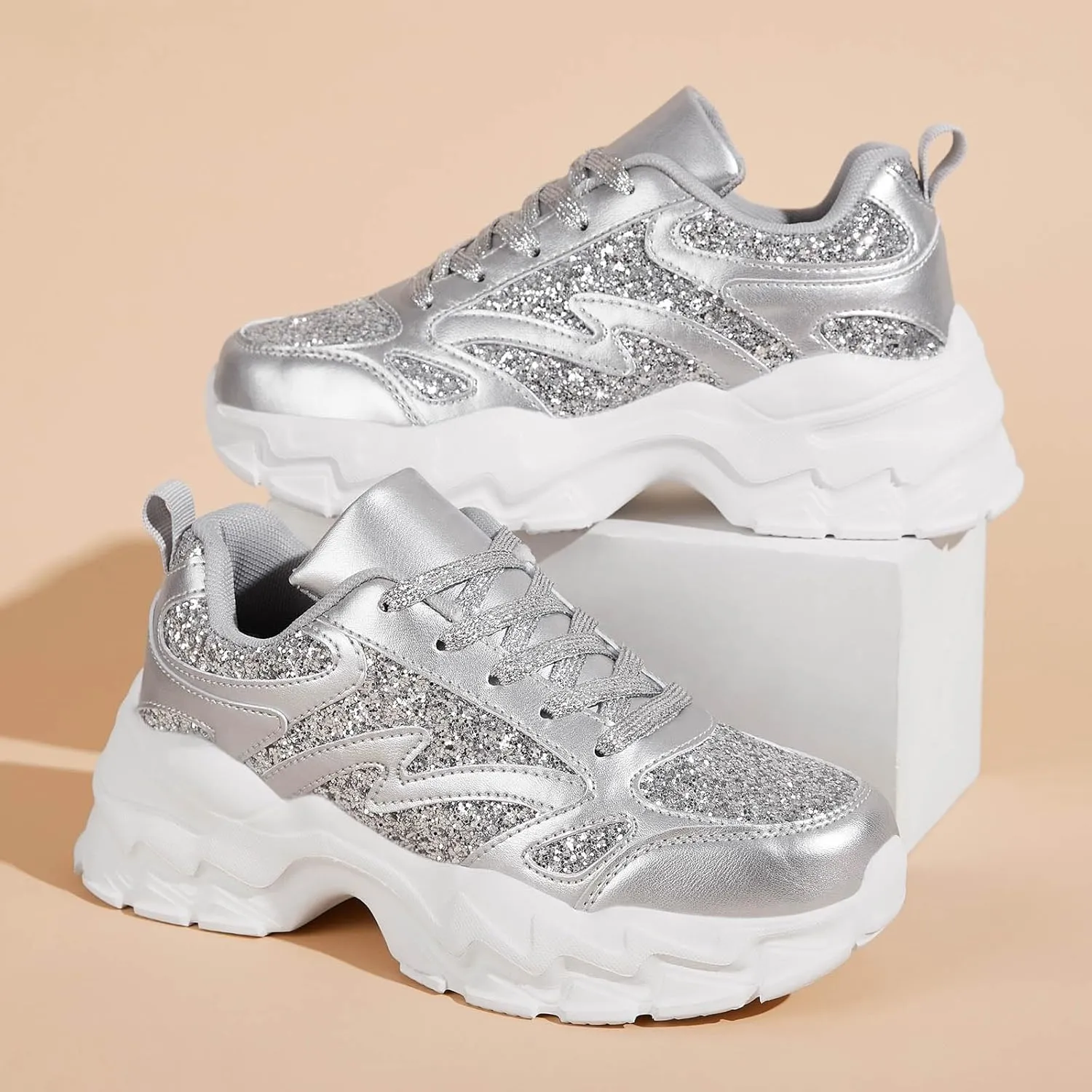 FANVOSSEM Chunky Platform Sneakers for WomenWomen's Comfy Sparkly Dad Shoes Lace-Up Casual Walking & Sport Work Sneaker