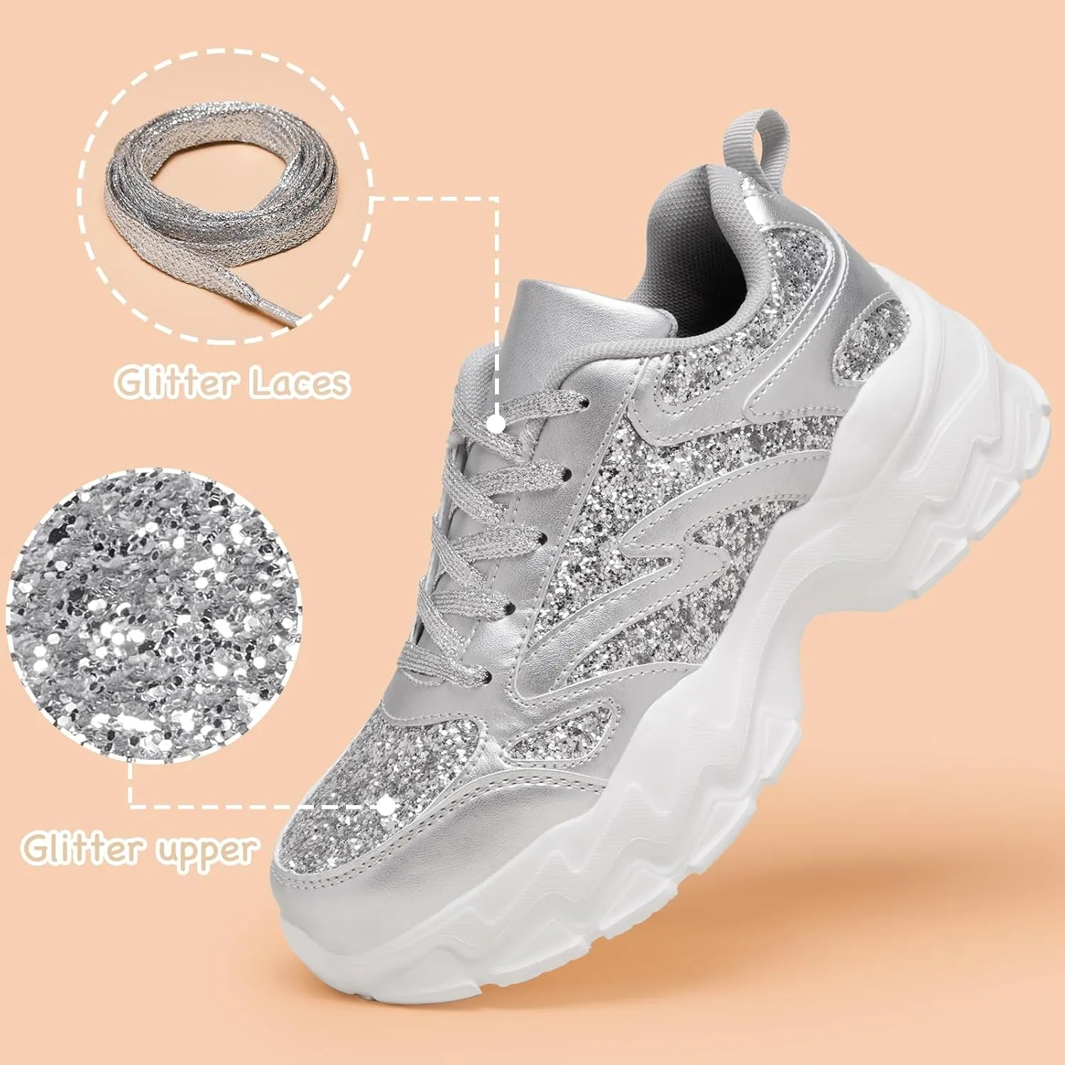 FANVOSSEM Chunky Platform Sneakers for WomenWomen's Comfy Sparkly Dad Shoes Lace-Up Casual Walking & Sport Work Sneaker