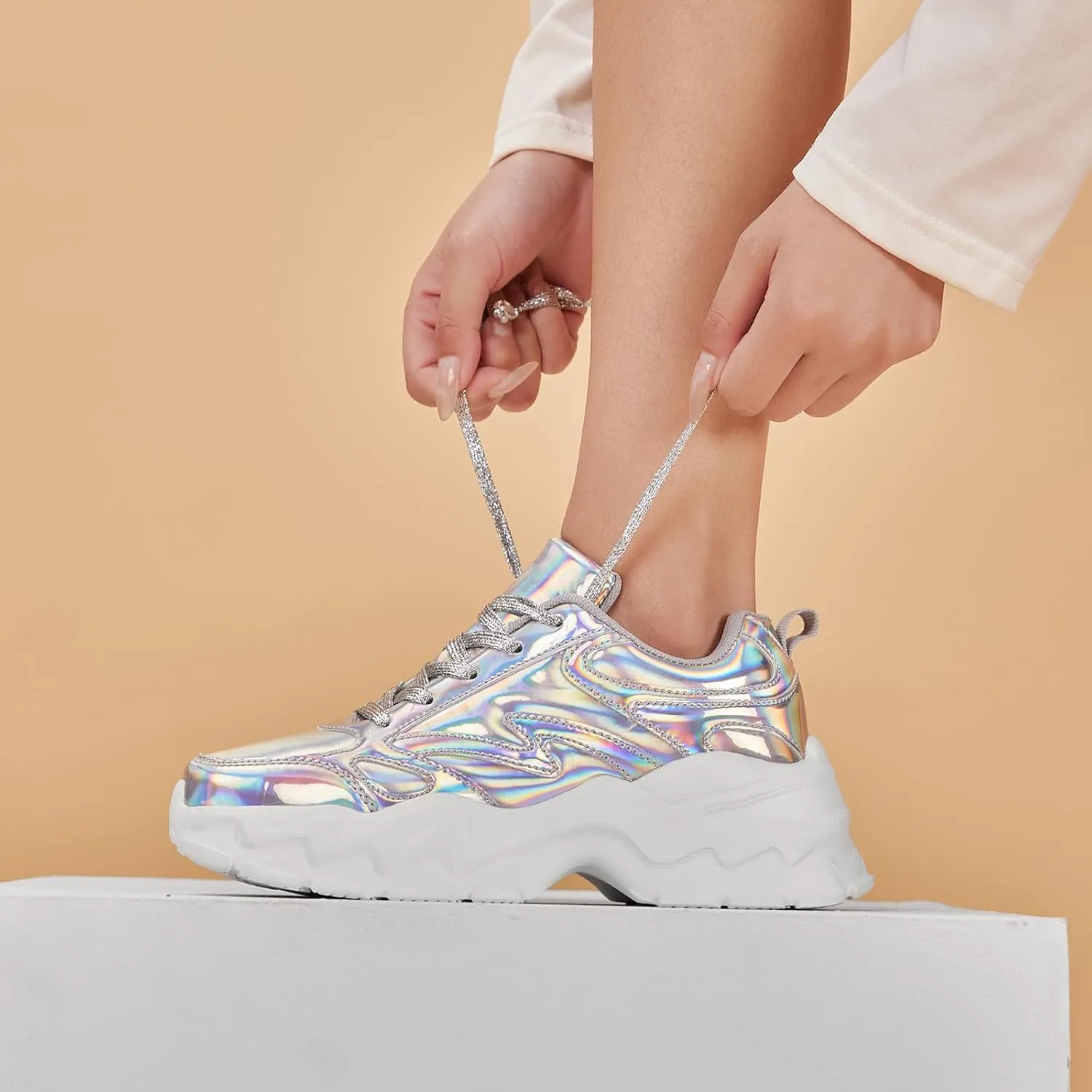 FANVOSSEM Chunky Platform Sneakers for WomenWomen's Comfy Sparkly Dad Shoes Lace-Up Casual Walking & Sport Work Sneaker