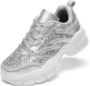 FANVOSSEM Chunky Platform Sneakers for WomenWomen's Comfy Sparkly Dad Shoes Lace-Up Casual Walking & Sport Work Sneaker