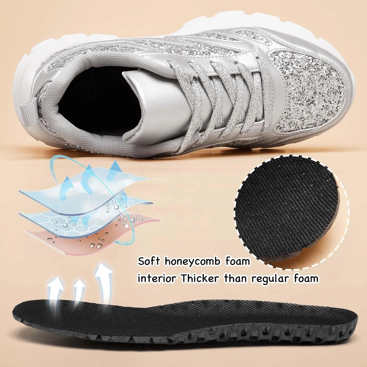 FANVOSSEM Chunky Platform Sneakers for WomenWomen's Comfy Sparkly Dad Shoes Lace-Up Casual Walking & Sport Work Sneaker