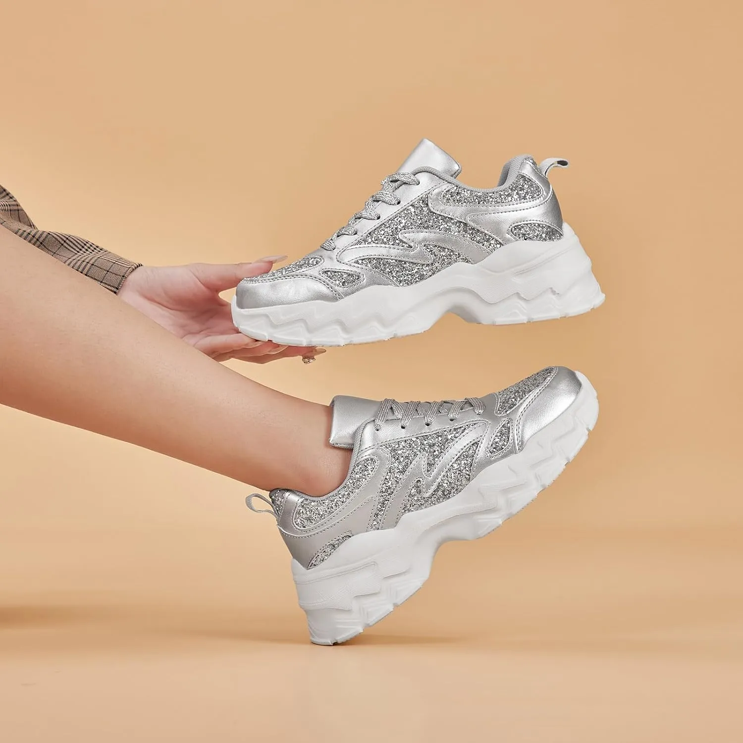 FANVOSSEM Chunky Platform Sneakers for WomenWomen's Comfy Sparkly Dad Shoes Lace-Up Casual Walking & Sport Work Sneaker