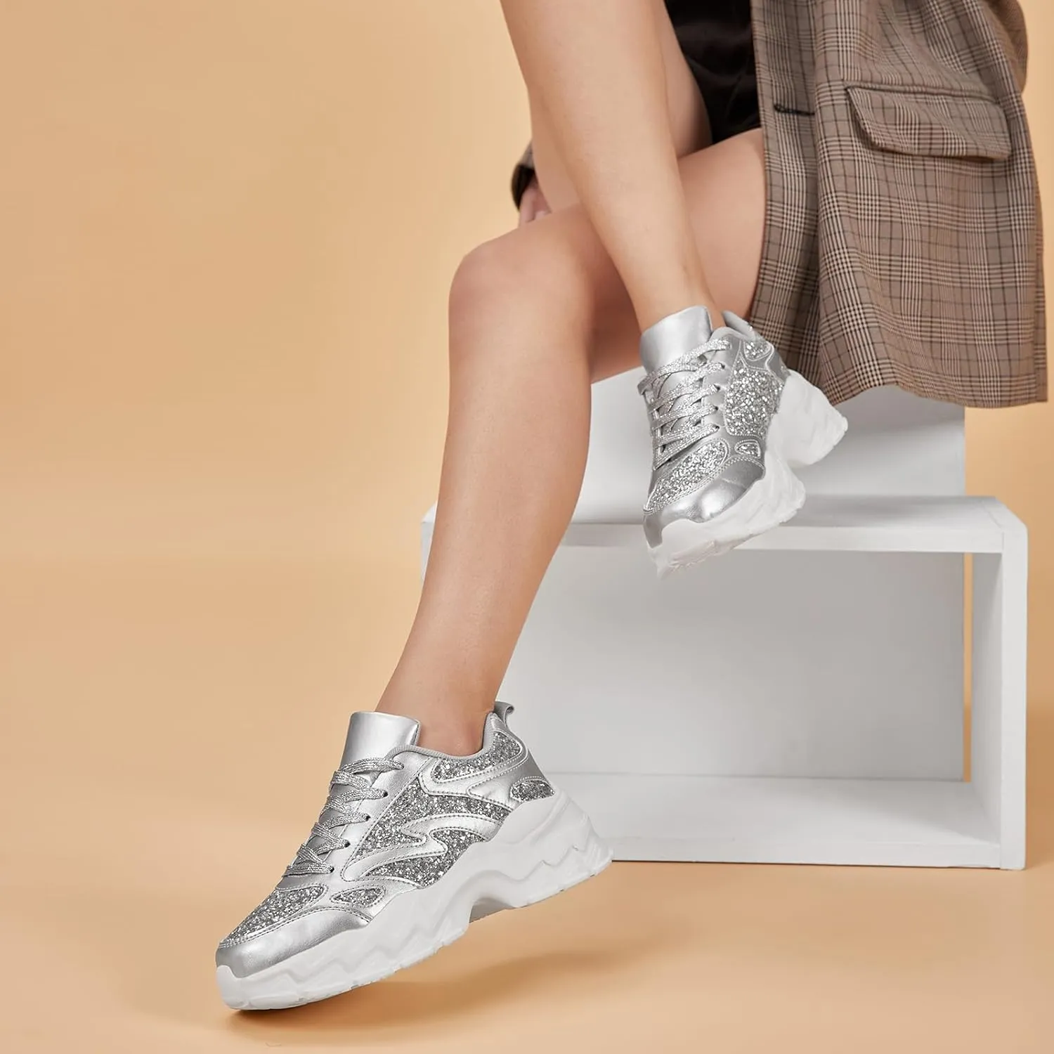 FANVOSSEM Chunky Platform Sneakers for WomenWomen's Comfy Sparkly Dad Shoes Lace-Up Casual Walking & Sport Work Sneaker