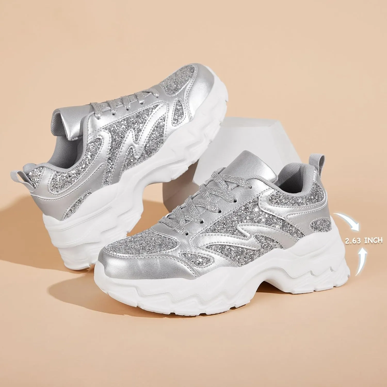 FANVOSSEM Chunky Platform Sneakers for WomenWomen's Comfy Sparkly Dad Shoes Lace-Up Casual Walking & Sport Work Sneaker