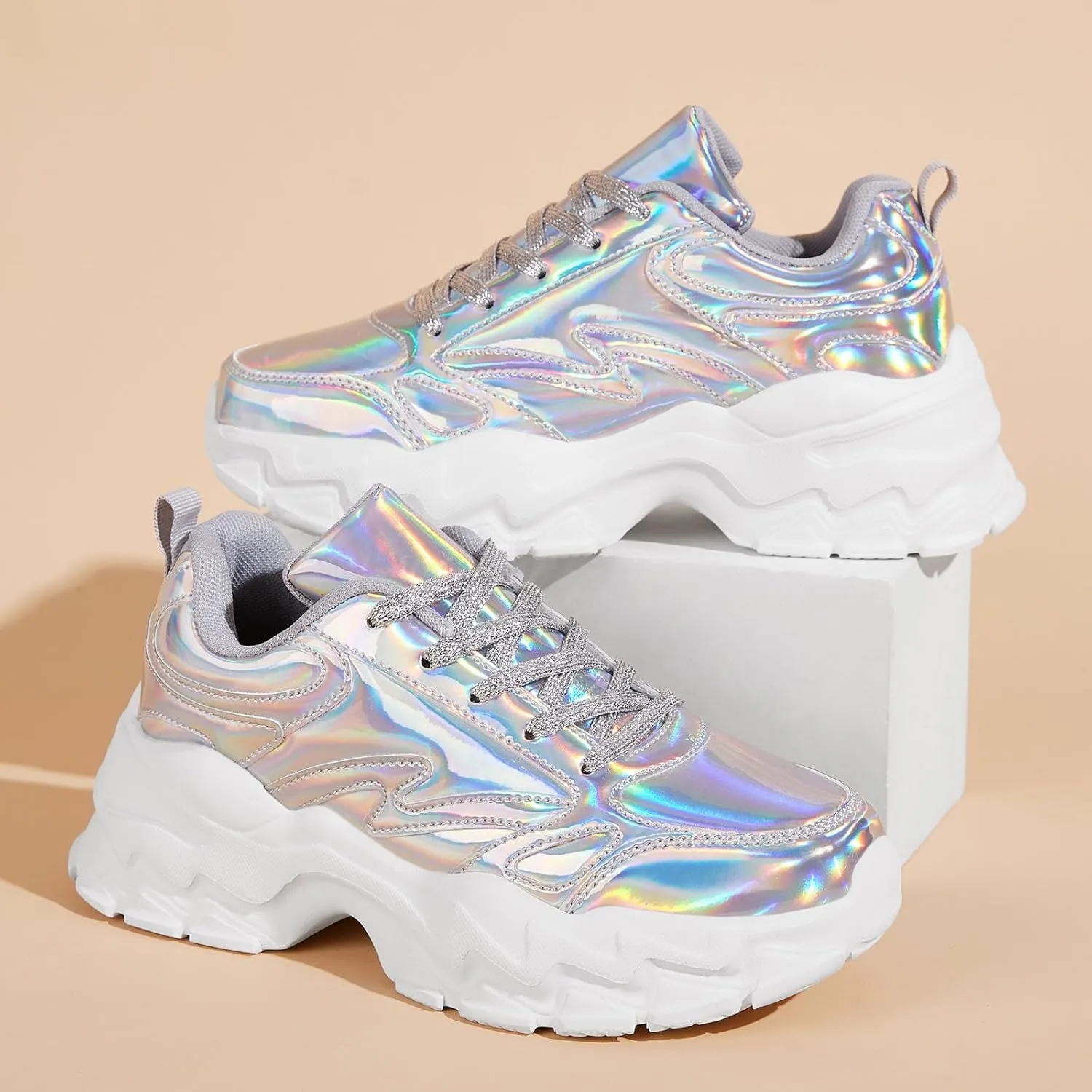 FANVOSSEM Chunky Platform Sneakers for WomenWomen's Comfy Sparkly Dad Shoes Lace-Up Casual Walking & Sport Work Sneaker