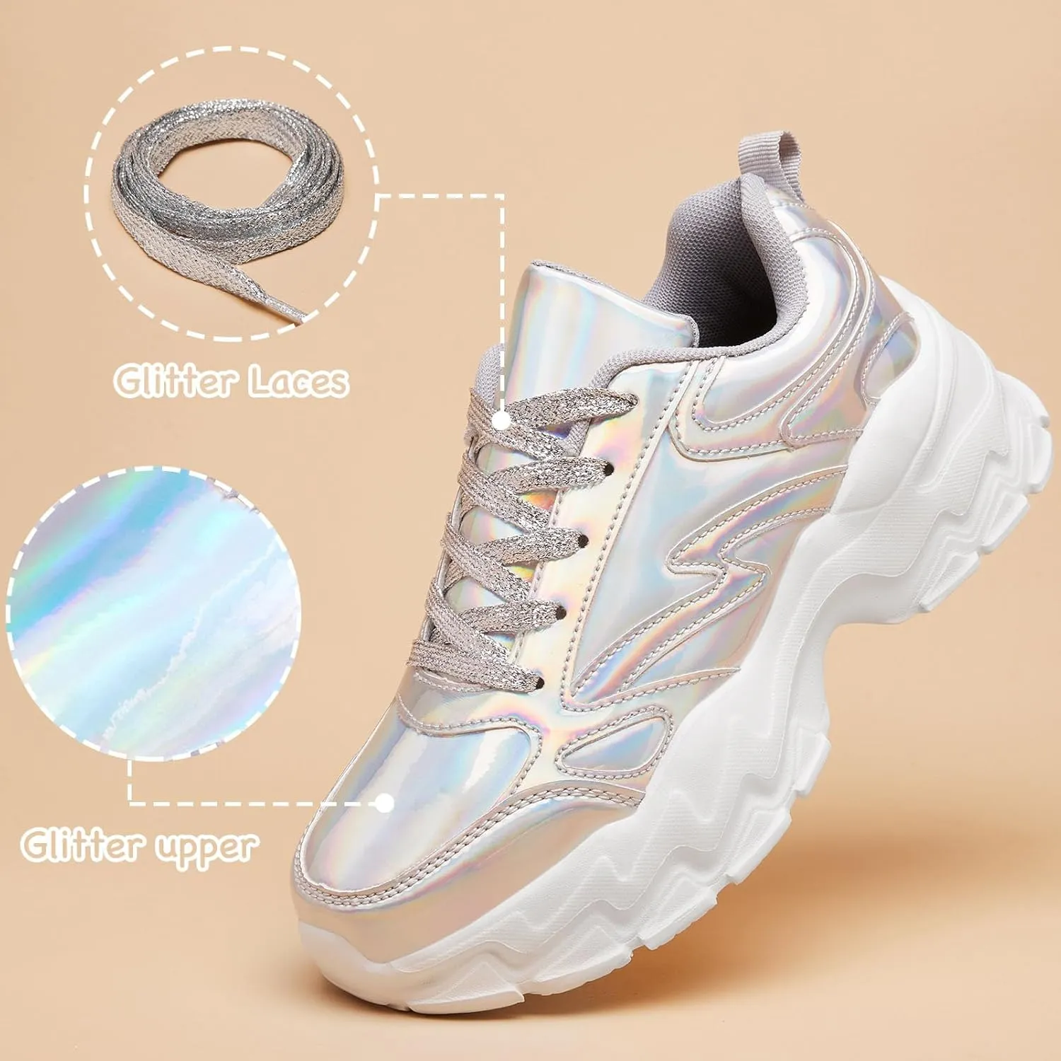 FANVOSSEM Chunky Platform Sneakers for WomenWomen's Comfy Sparkly Dad Shoes Lace-Up Casual Walking & Sport Work Sneaker