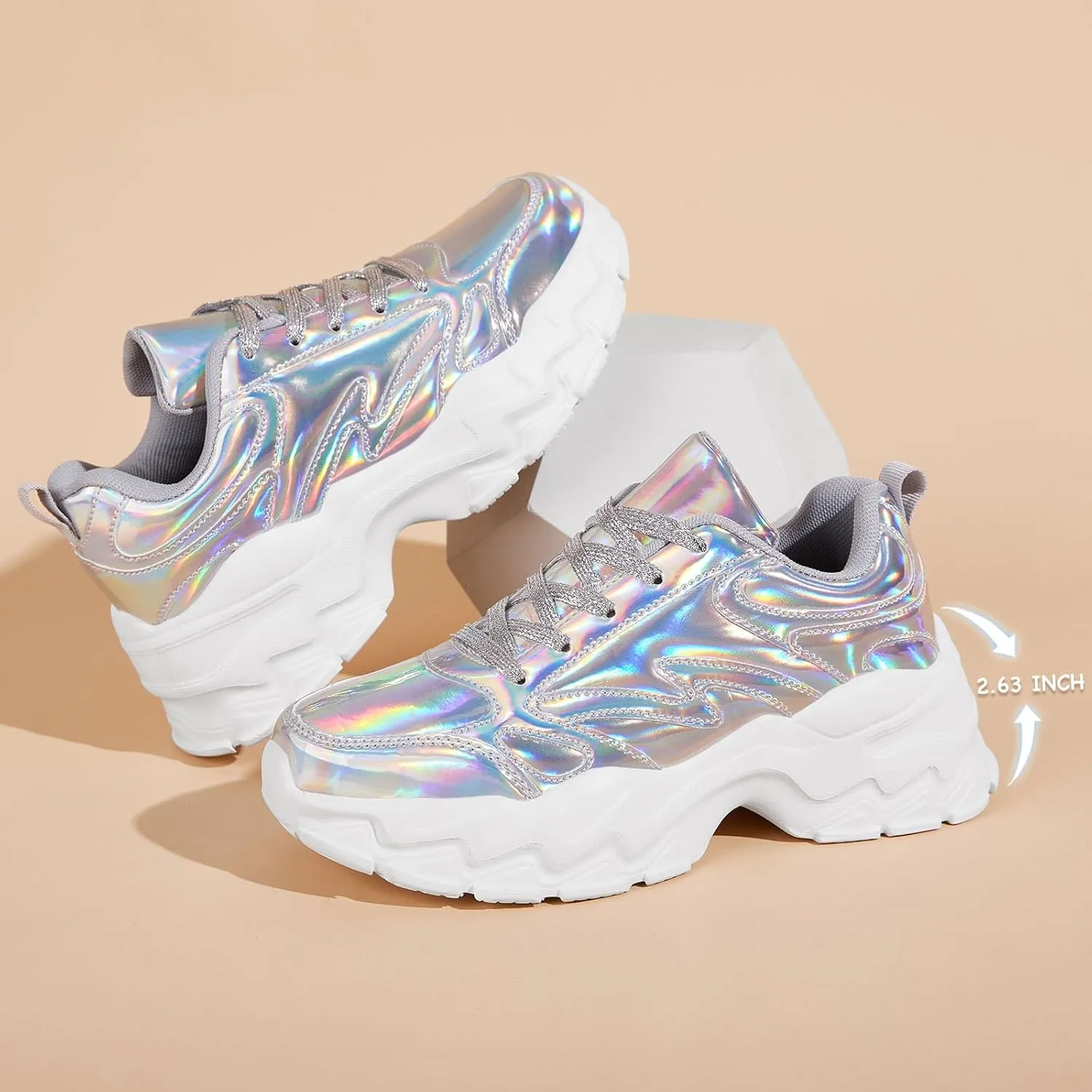 FANVOSSEM Chunky Platform Sneakers for WomenWomen's Comfy Sparkly Dad Shoes Lace-Up Casual Walking & Sport Work Sneaker