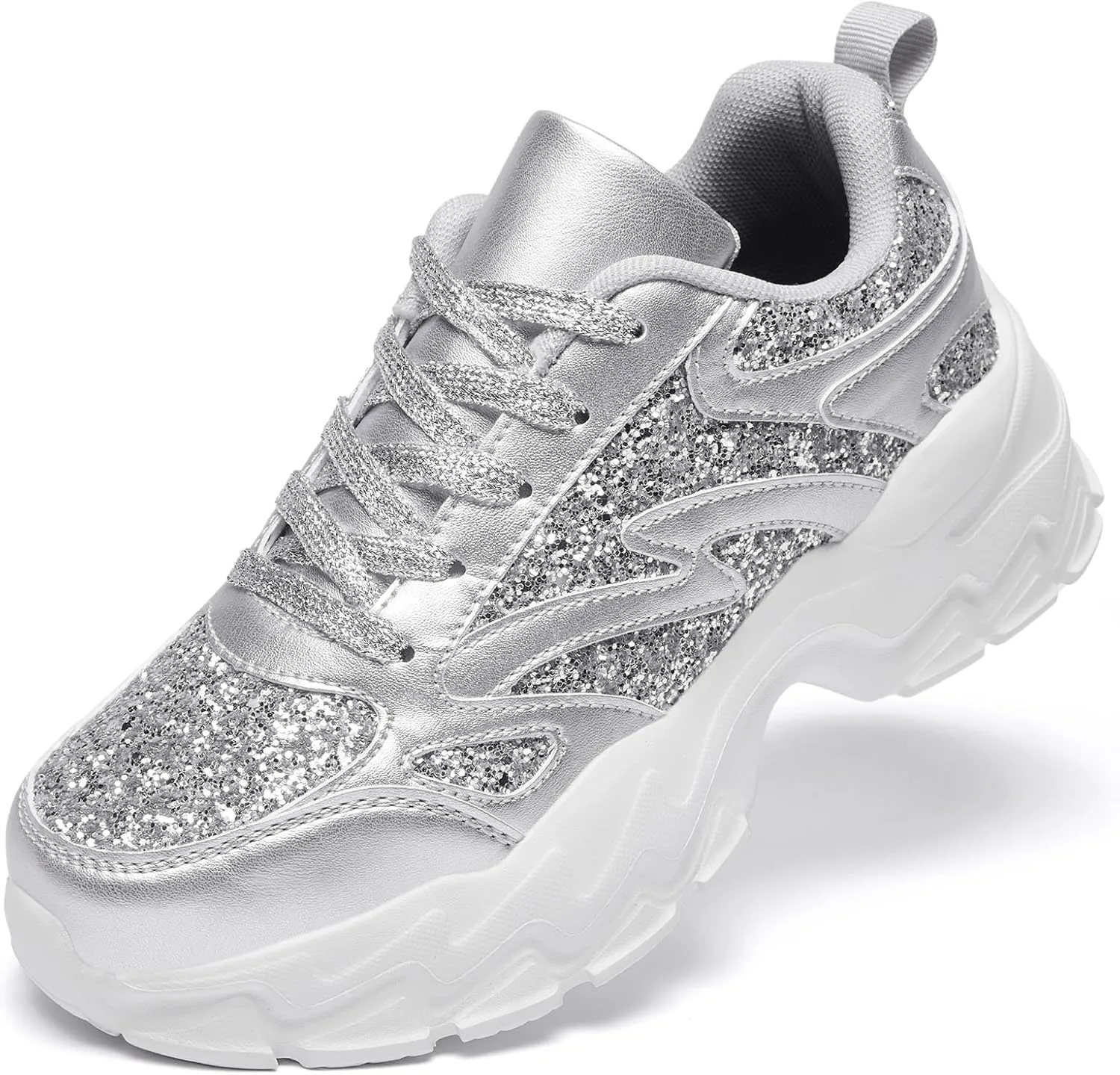 FANVOSSEM Chunky Platform Sneakers for WomenWomen's Comfy Sparkly Dad Shoes Lace-Up Casual Walking & Sport Work Sneaker