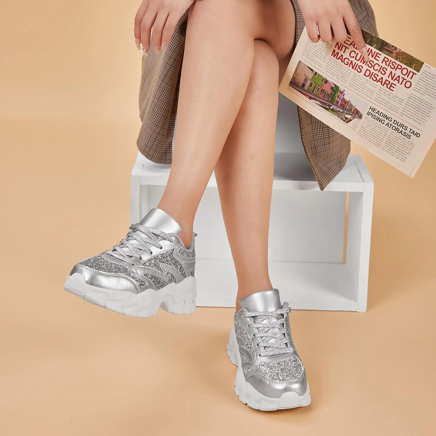 FANVOSSEM Chunky Platform Sneakers for WomenWomen's Comfy Sparkly Dad Shoes Lace-Up Casual Walking & Sport Work Sneaker