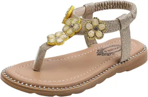 Girls Sandals Open-Toe Princess Dress Flat Sandals Summer Shoes Kids Girls Floral Crystal Bling Sandals for 1-7Years