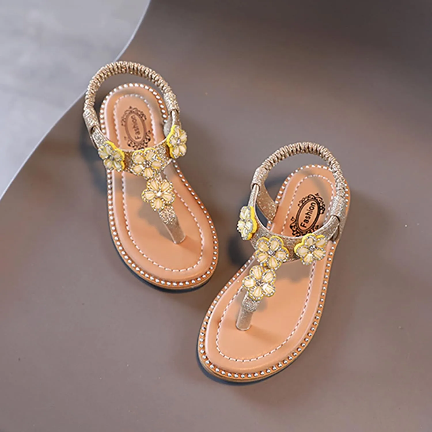 Girls Sandals Open-Toe Princess Dress Flat Sandals Summer Shoes Kids Girls Floral Crystal Bling Sandals for 1-7Years