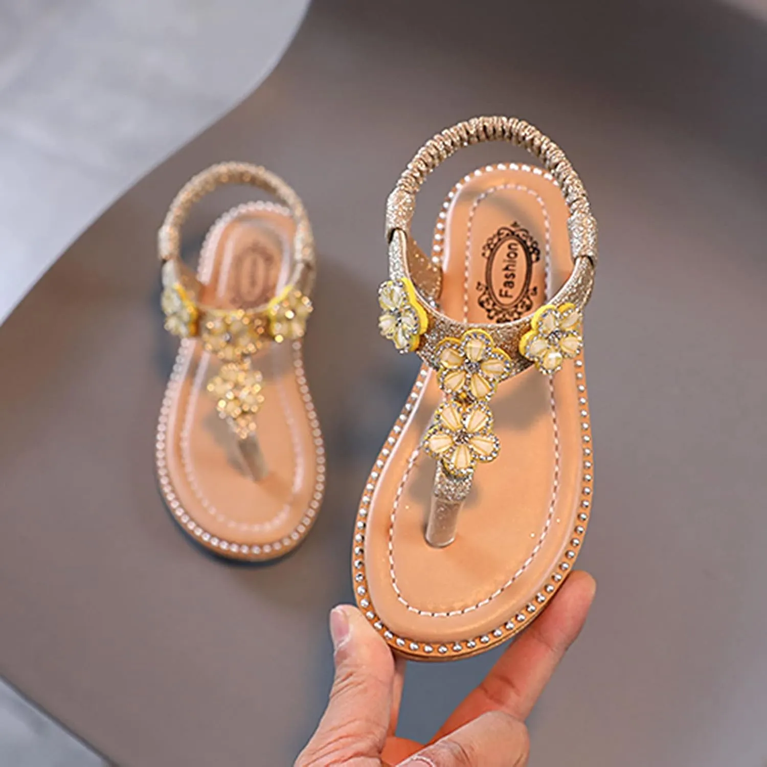 Girls Sandals Open-Toe Princess Dress Flat Sandals Summer Shoes Kids Girls Floral Crystal Bling Sandals for 1-7Years