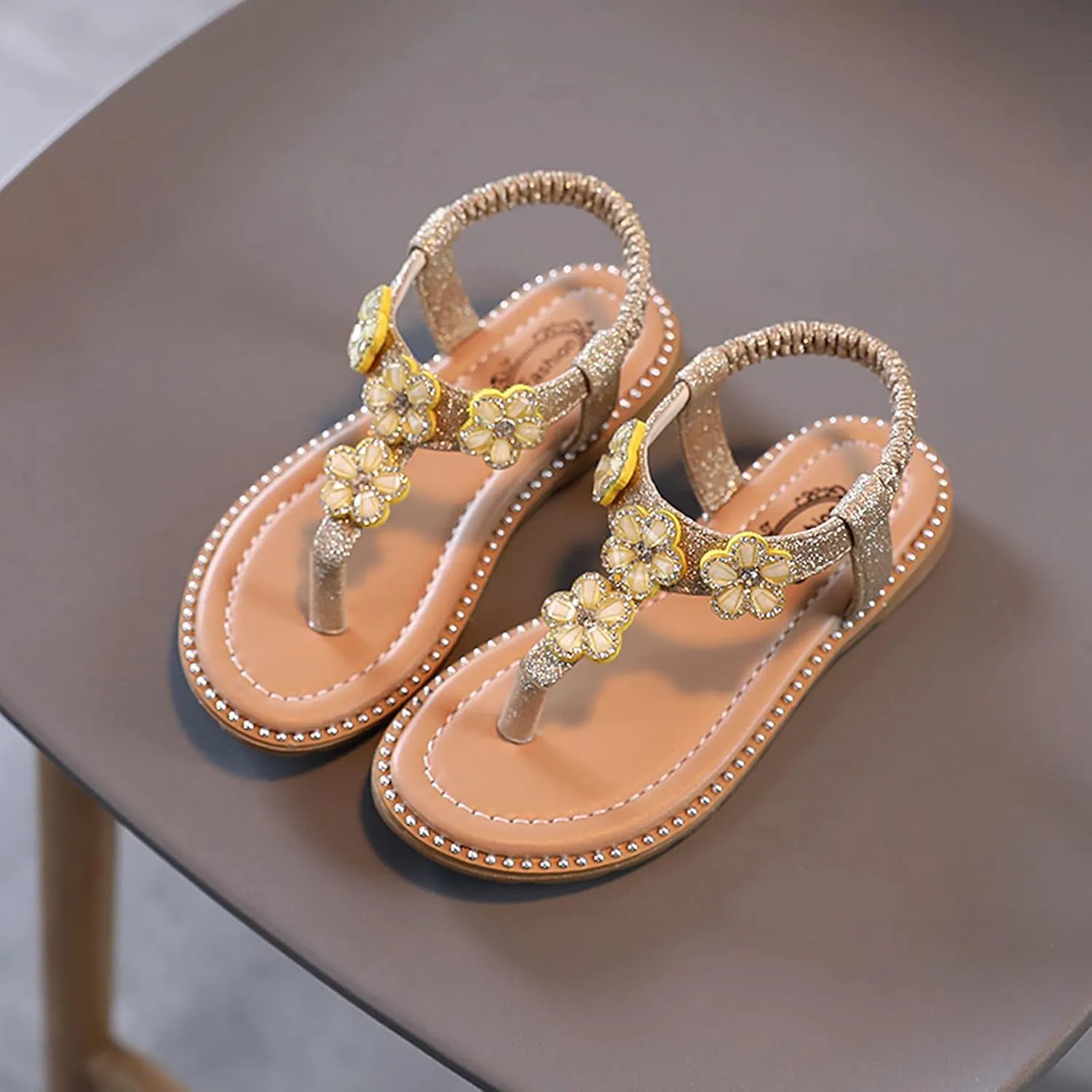 Girls Sandals Open-Toe Princess Dress Flat Sandals Summer Shoes Kids Girls Floral Crystal Bling Sandals for 1-7Years