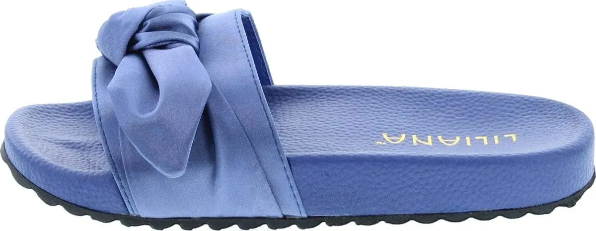 Liliana Nomi-7 Women Flip Flop Bow Satin Slide Slip On Flat Sandal Shoe Slipper Blue