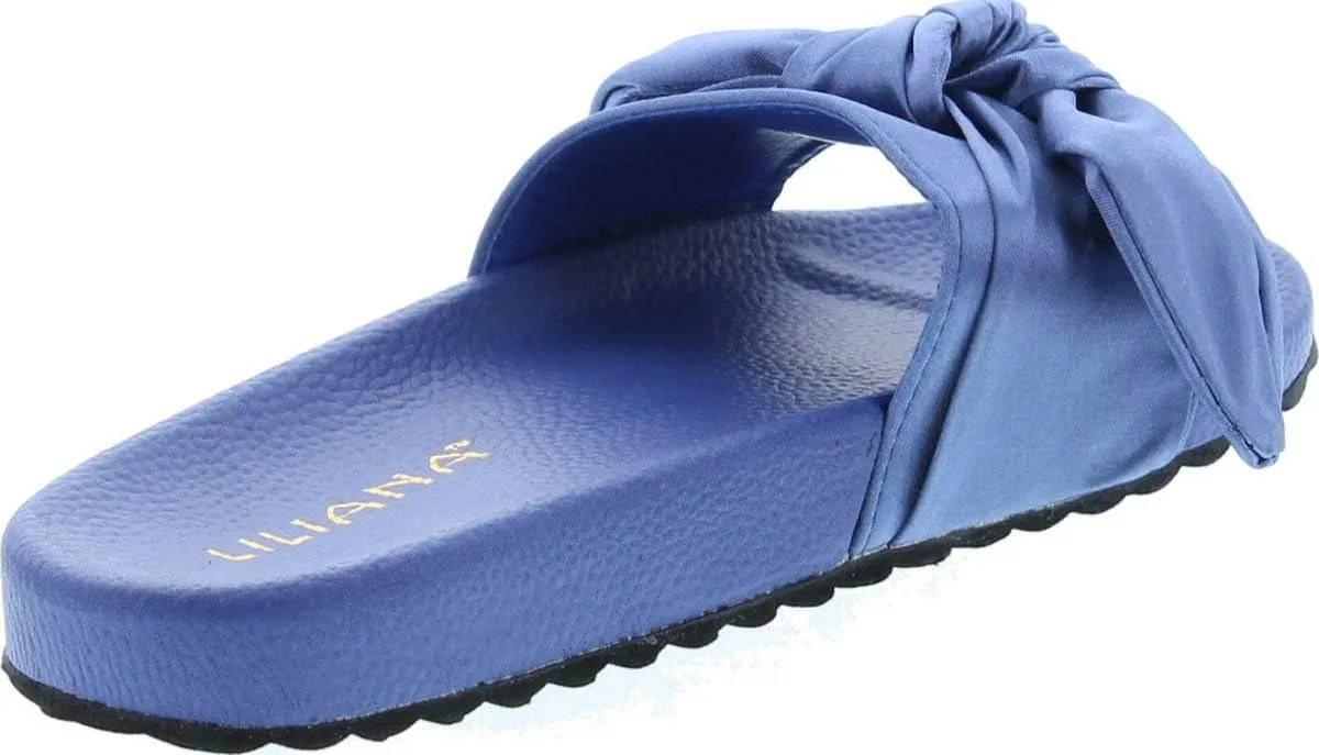Liliana Nomi-7 Women Flip Flop Bow Satin Slide Slip On Flat Sandal Shoe Slipper Blue