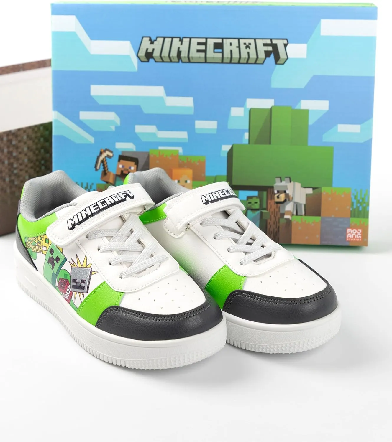 Minecraft Creeper Boys Trainers in White, Green & Black | Hook and Loop Closure Casual Footwear Blocks Design