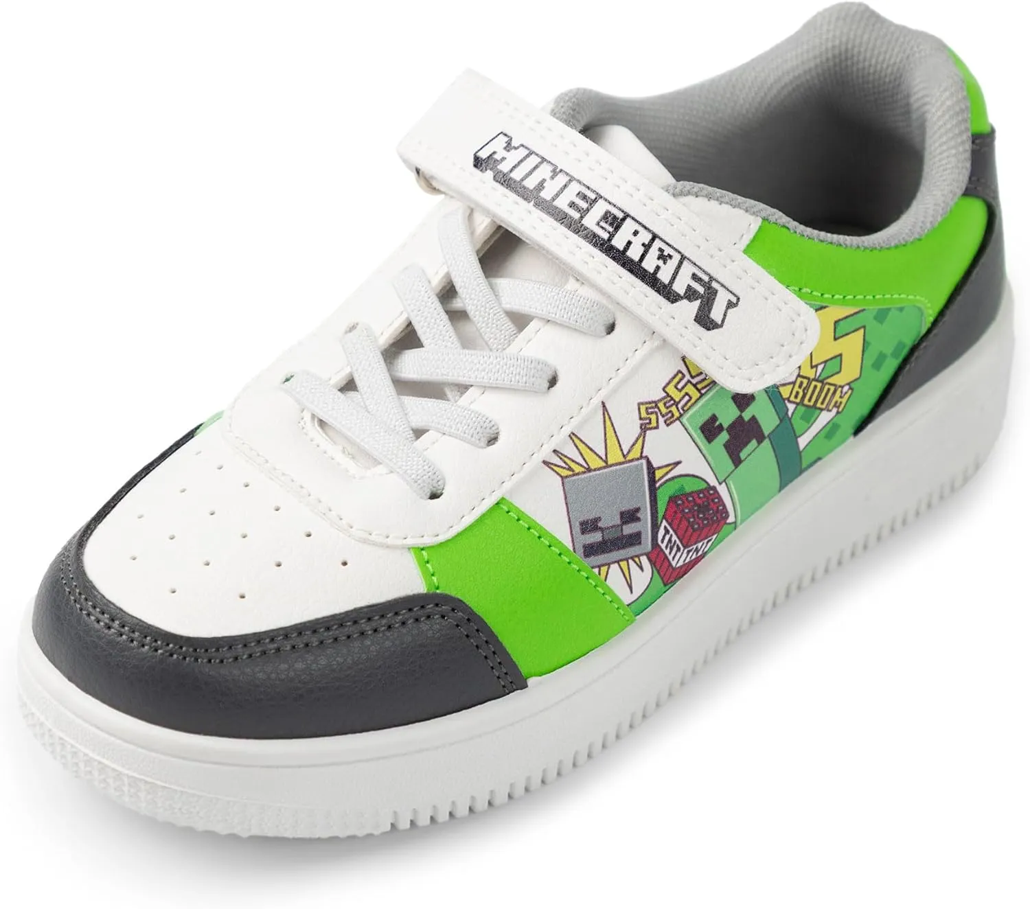 Minecraft Creeper Boys Trainers in White, Green & Black | Hook and Loop Closure Casual Footwear Blocks Design