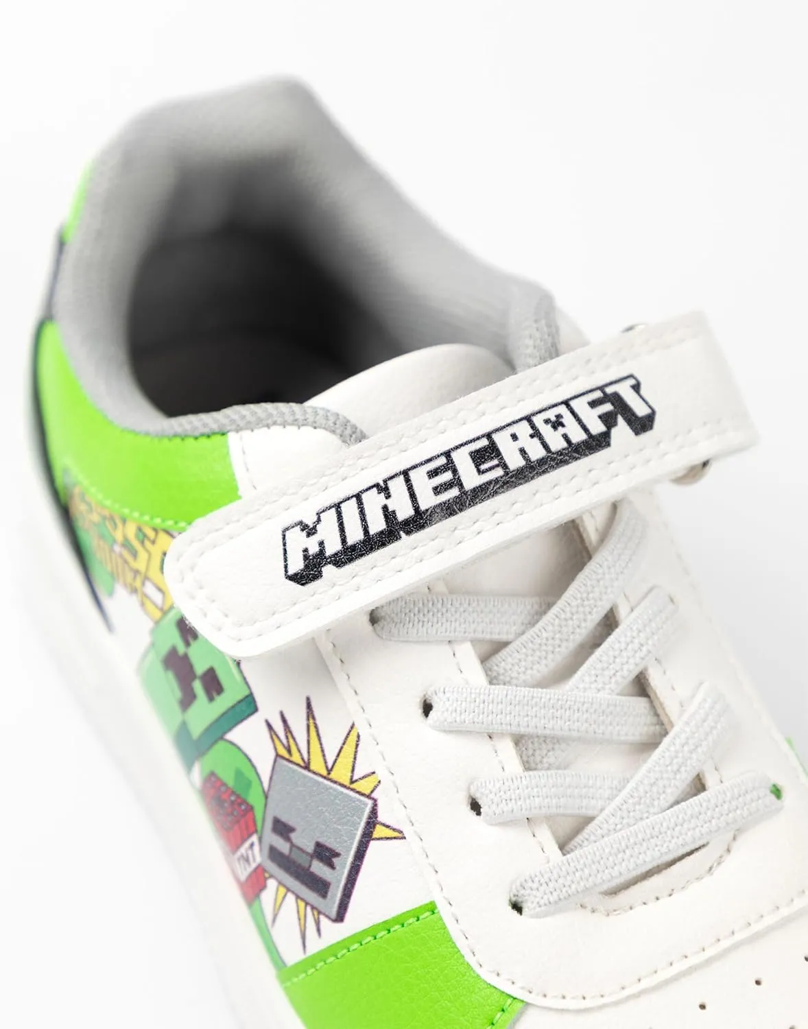 Minecraft Creeper Boys Trainers in White, Green & Black | Hook and Loop Closure Casual Footwear Blocks Design