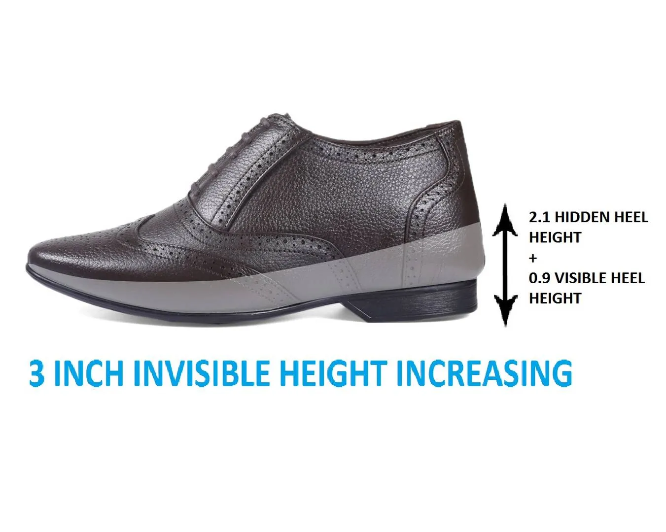 Stylish Brown 3 Inch Height increasing Leather Full Brogue Formal Shoes