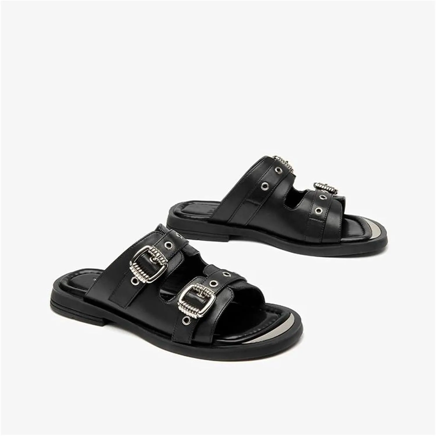 Women's Metal Decor Cow Leather Sandals - Solid Color Summer Casual Flats