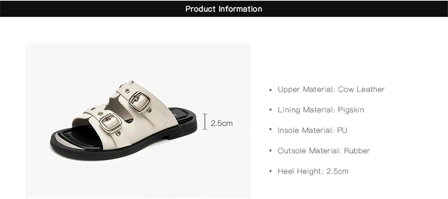 Women's Metal Decor Cow Leather Sandals - Solid Color Summer Casual Flats