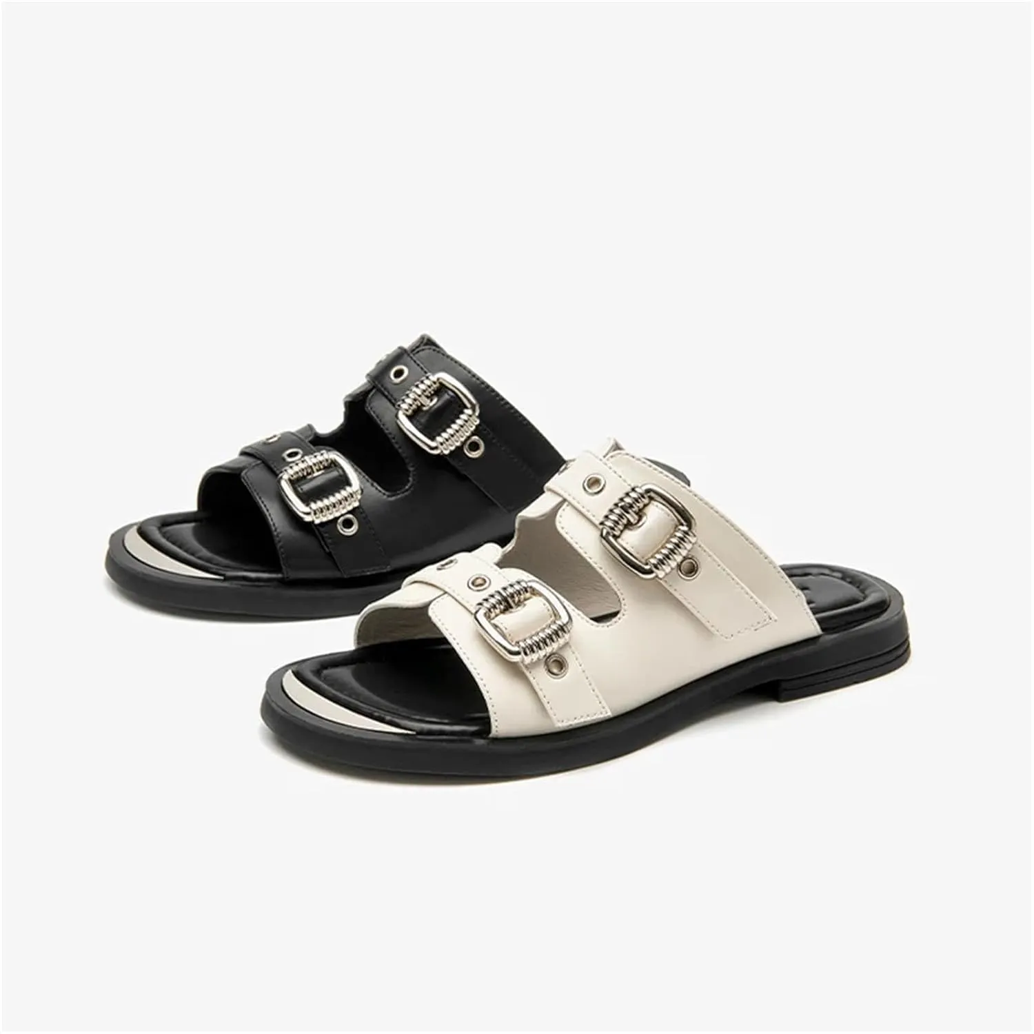 Women's Metal Decor Cow Leather Sandals - Solid Color Summer Casual Flats