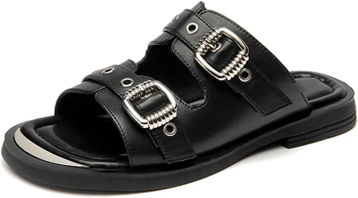 Women's Metal Decor Cow Leather Sandals - Solid Color Summer Casual Flats