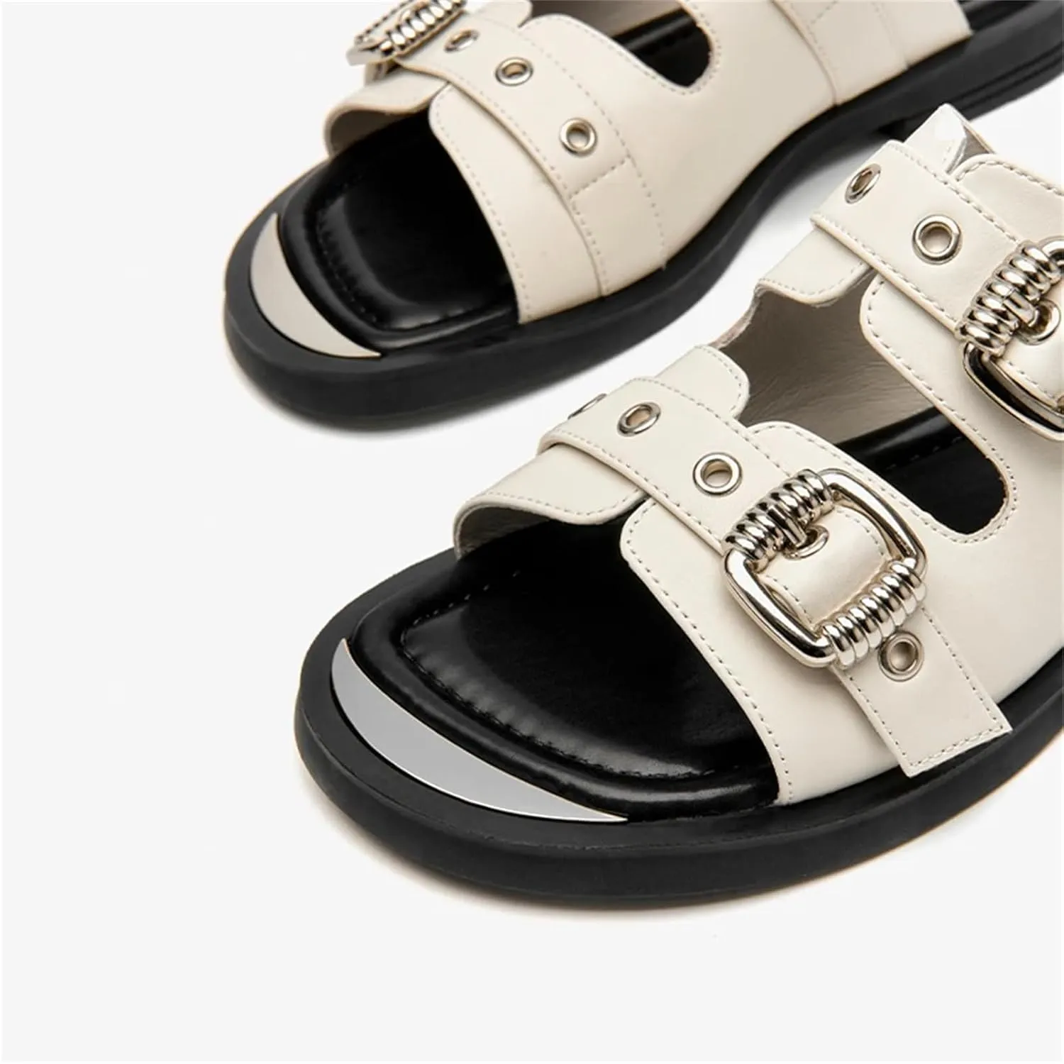 Women's Metal Decor Cow Leather Sandals - Solid Color Summer Casual Flats