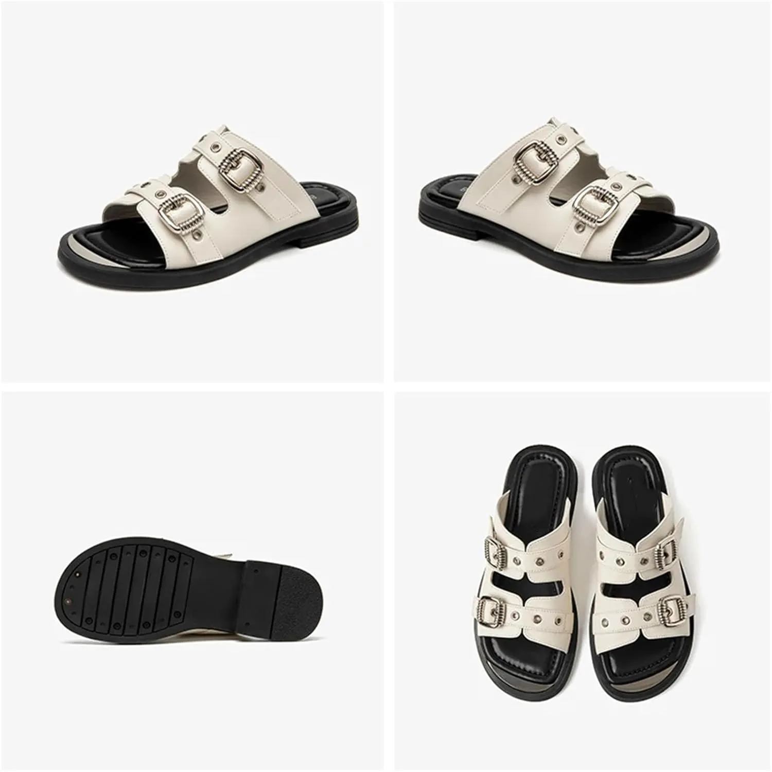 Women's Metal Decor Cow Leather Sandals - Solid Color Summer Casual Flats